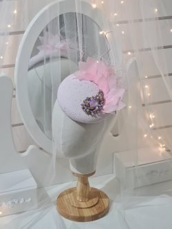 Pink round pillbox headpiece
