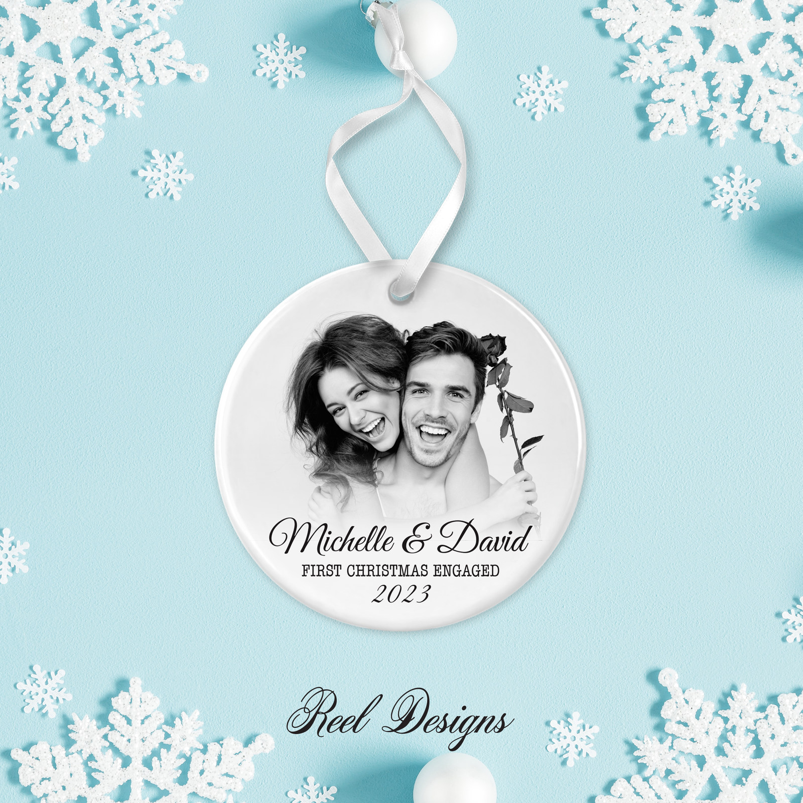 Personalised First Christmas Engaged Ceramic Photo Ornament